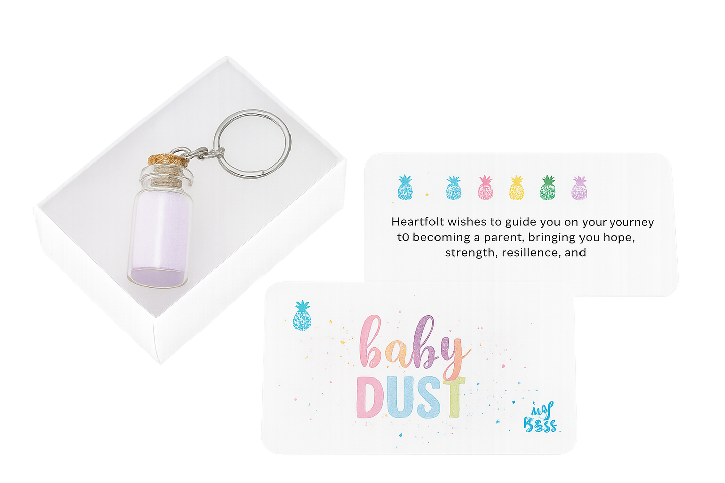 Keychain with a small bottle and a card with 'baby dust' cards for gifting.