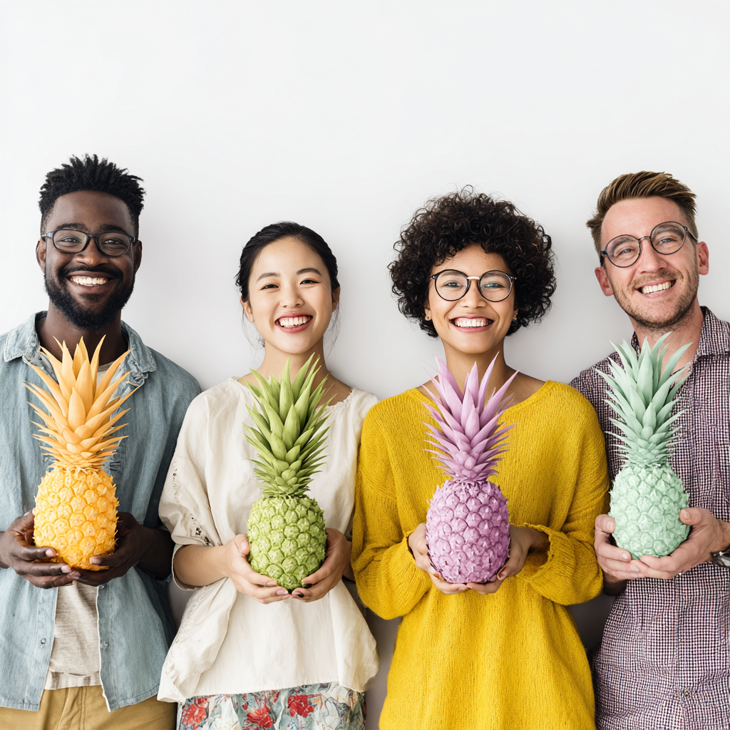 Four people holding colorful pineapples against a white background