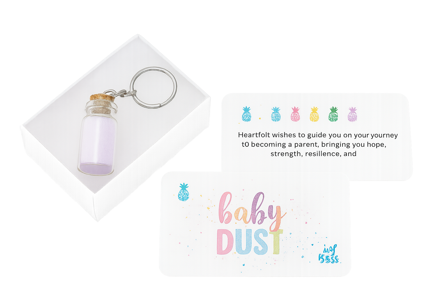 Keychain with a small bottle and a card with 'baby dust' cards for gifting.