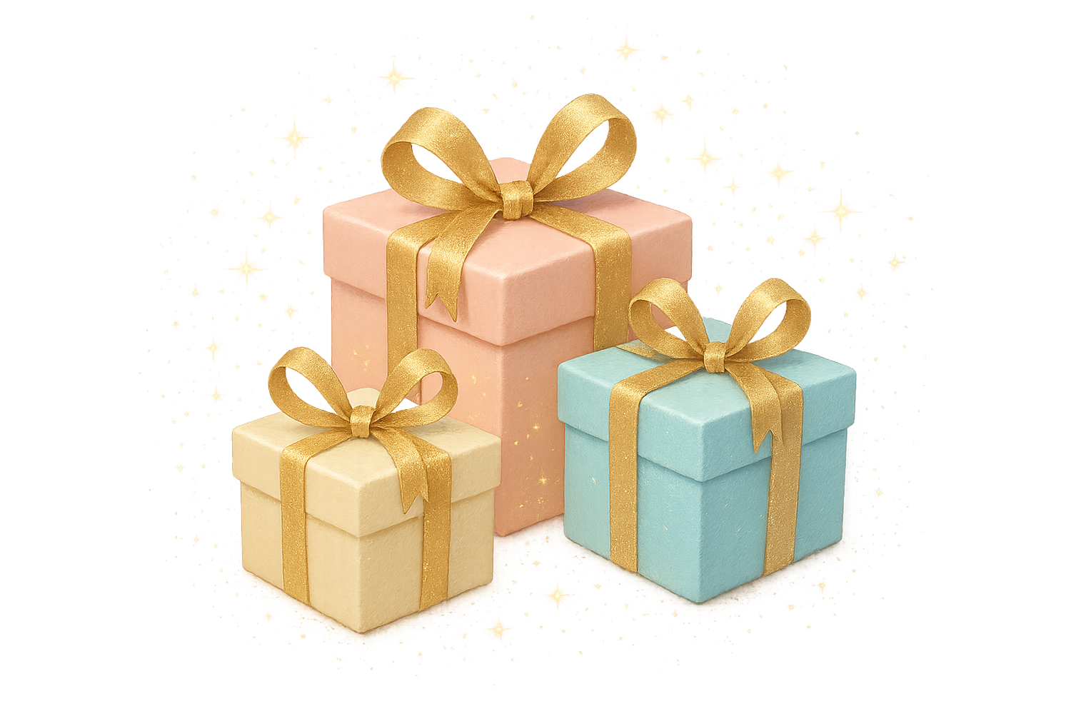 Multiple gift boxes in soft baby colors with abundant gold sparkles and golden ribbons on transparent background